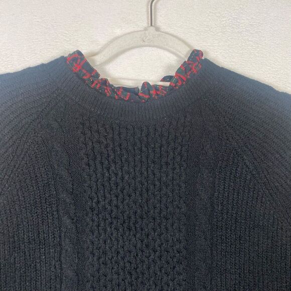LOFT Black Cable Knit Plaid Trim Sweater Ruffle Neck Holiday Layered Look M - Picture 6 of 12
